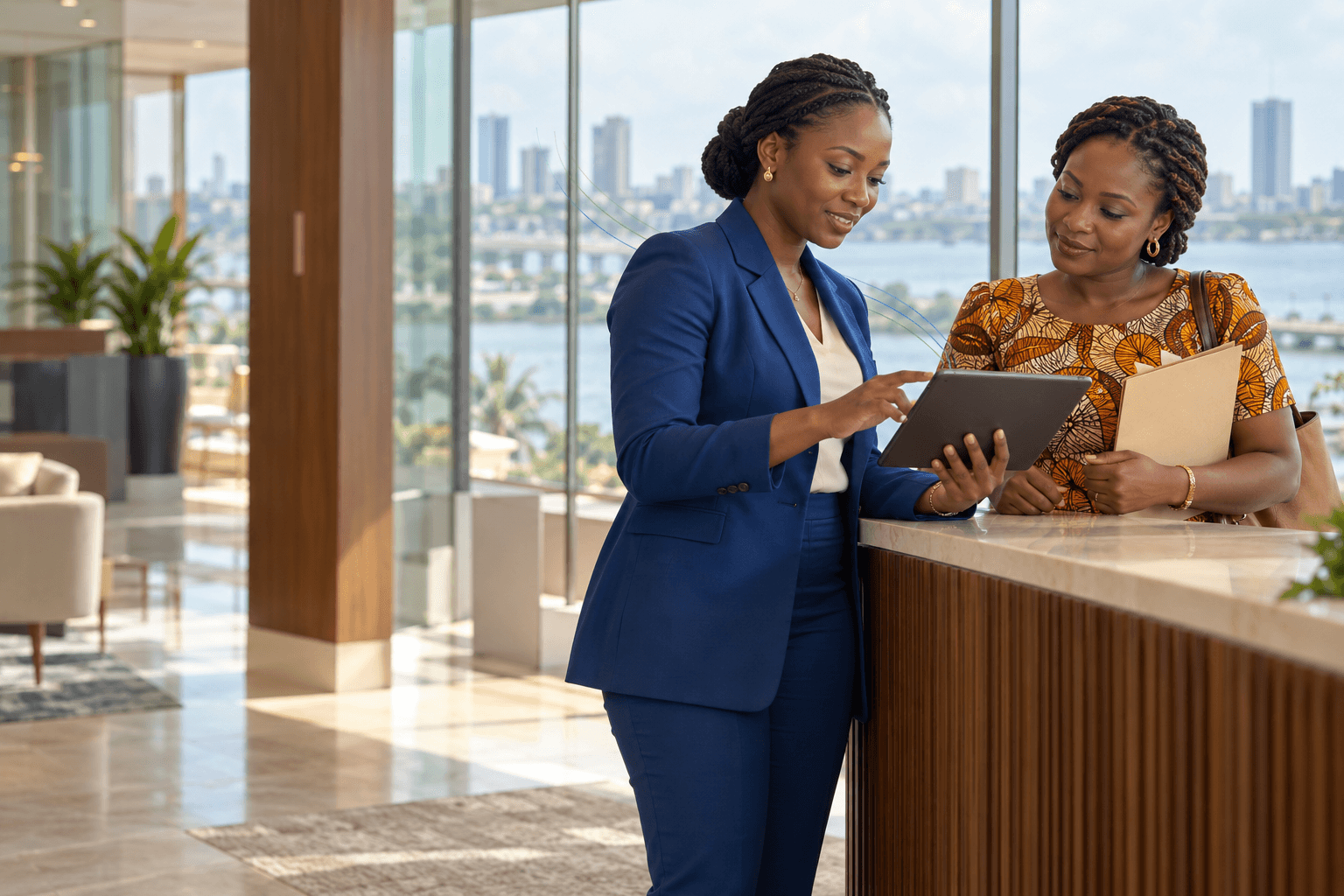Une conseillère crédit consulte sur tablette le score d'une cheffe d'entreprise, face à la lagune d'Abidjan
